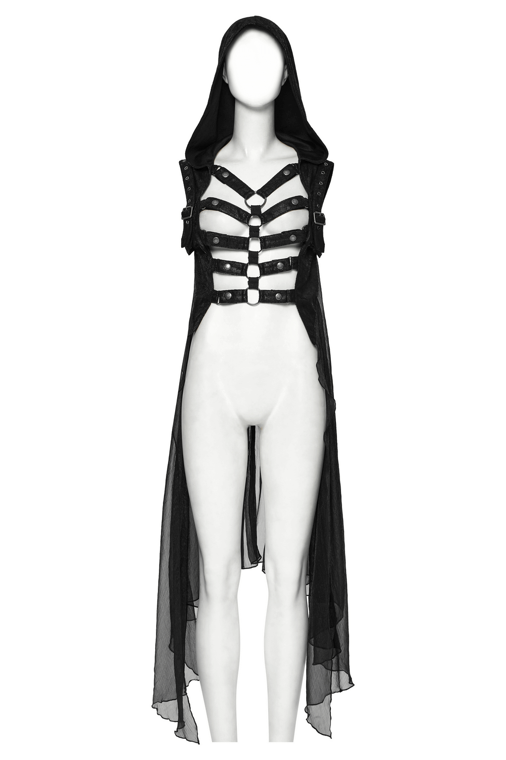 Hooded Punk Skeleton Cape Adorned with Metal Rings
