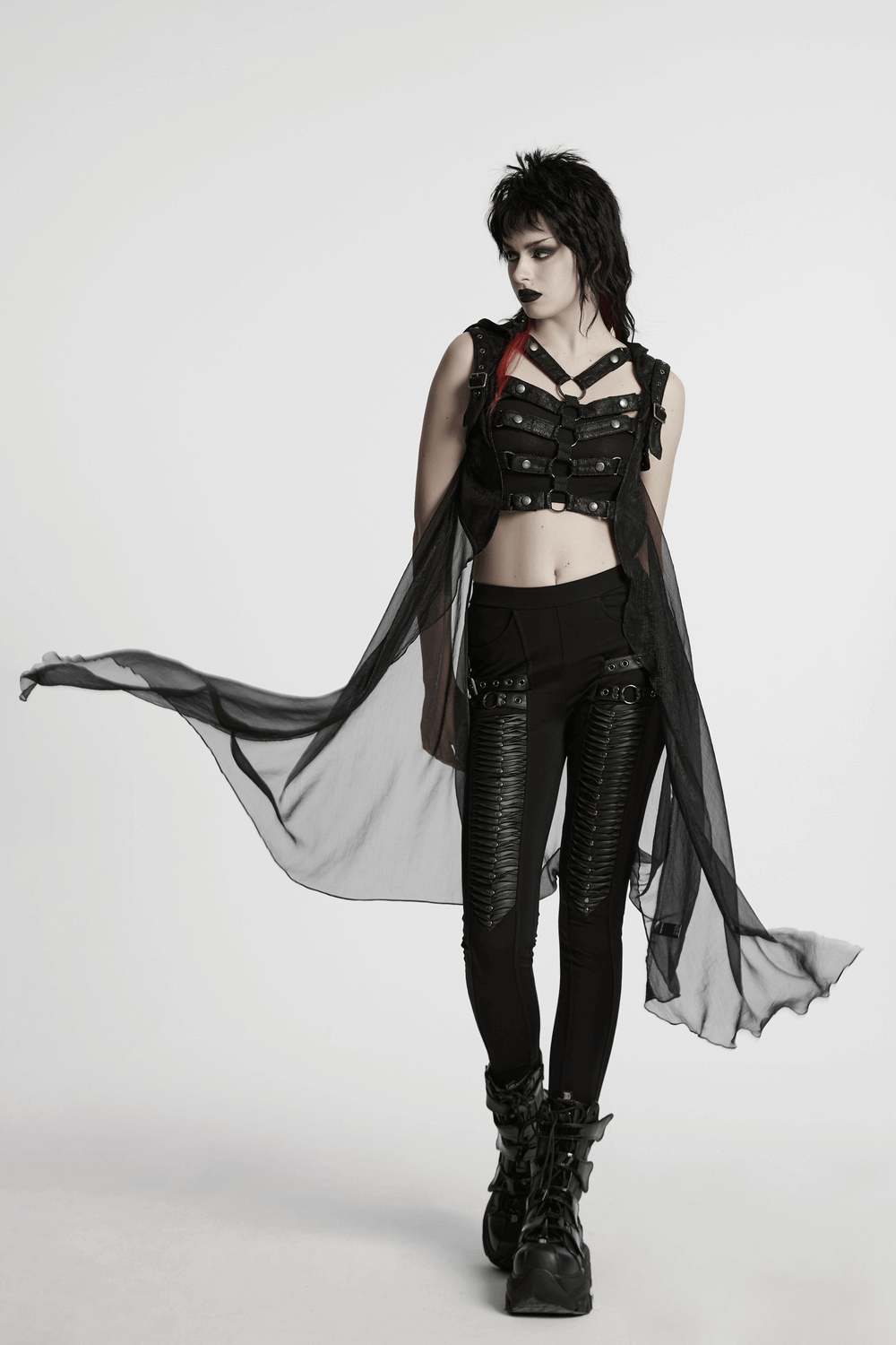 Hooded Punk Skeleton Cape Adorned with Metal Rings