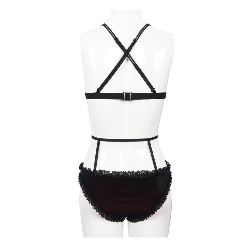 Lace Black and Red Bikini: Swimsuit with Waist Straps