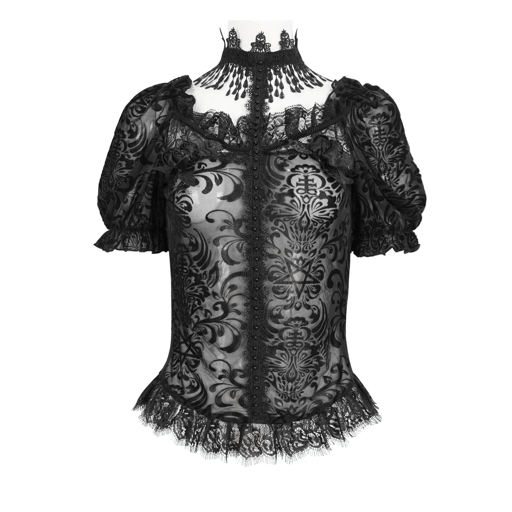 Lace Blouse with Puff Sleeves and Fringe Accents
