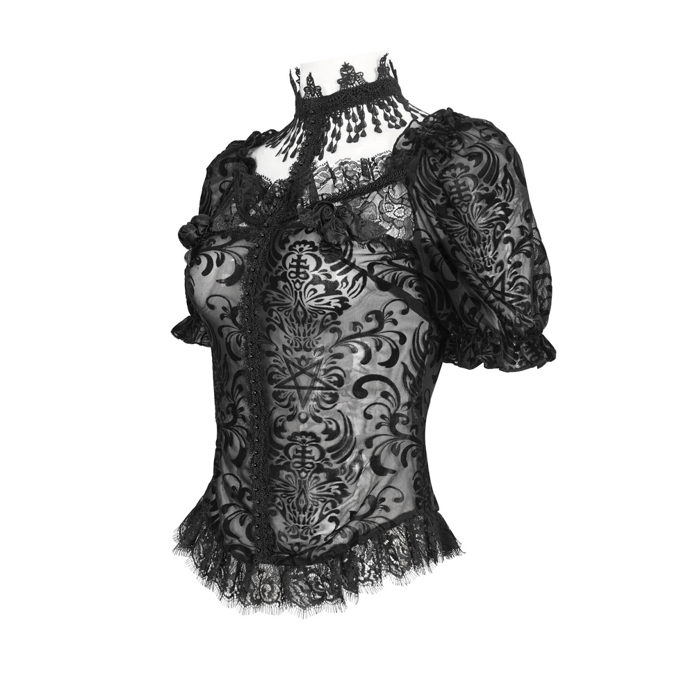 Lace Blouse with Puff Sleeves and Fringe Accents
