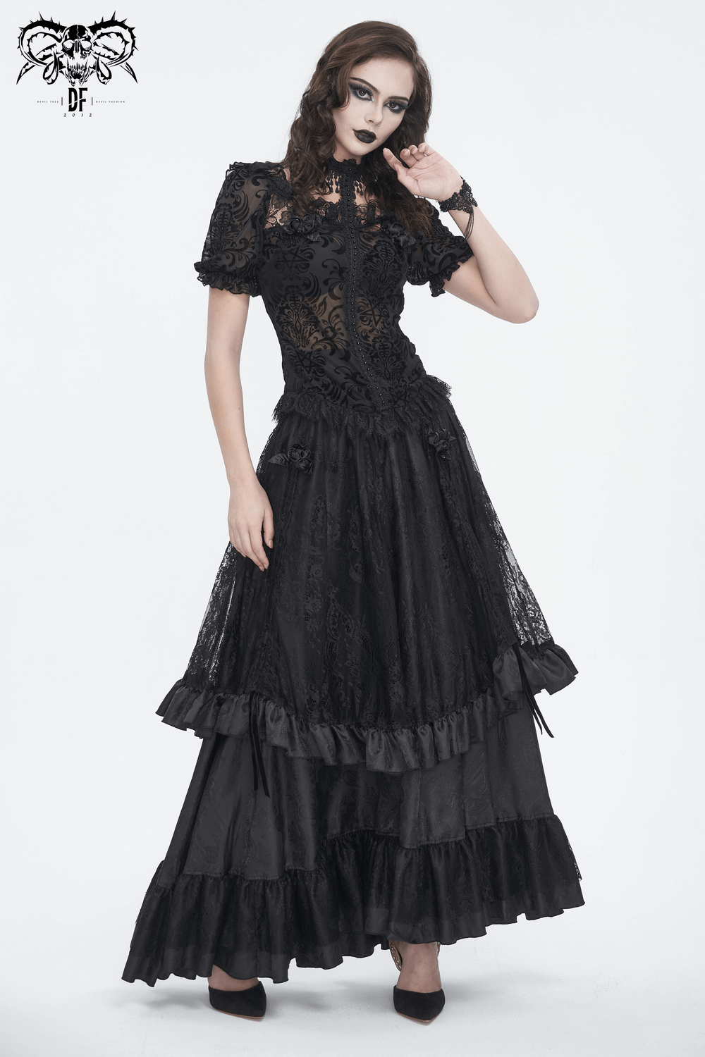 Lace Blouse with Puff Sleeves and Fringe Accents