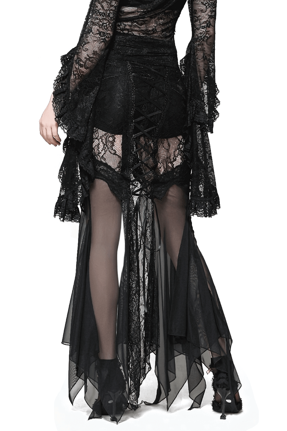 Lace Gothic Skirt with High-Low Hem and Sheer Mesh