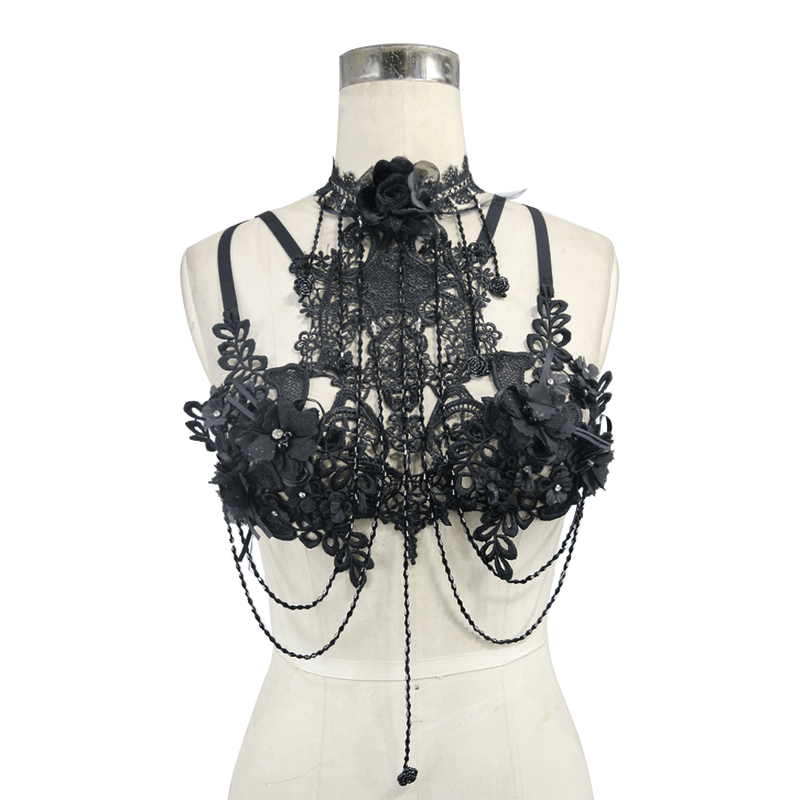 Lace Harness with 3D Flowers / Gothic Chest Strap Top