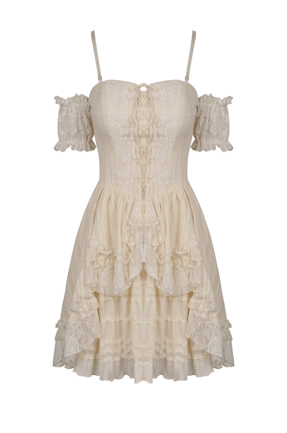 Lace Mini Dress with Floral Accents and Tiered Ruffles