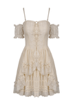 Lace Mini Dress with Floral Accents and Tiered Ruffles