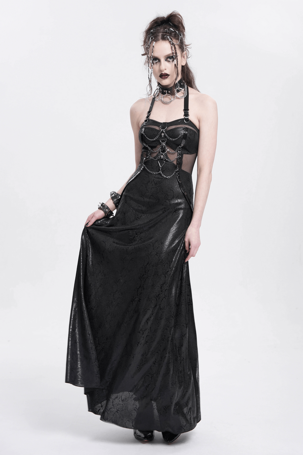 Lace-Up Gothic Maxi Dress with Corset and Chain Accents