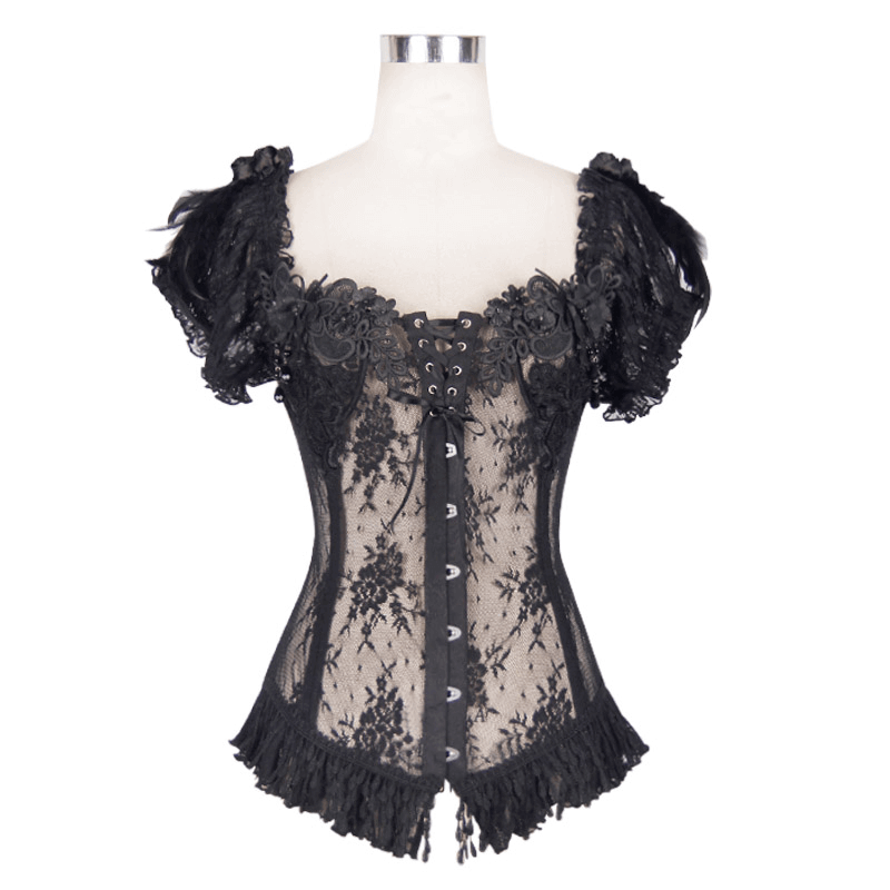 Lace-Up Gothic Women's Corset: Feathers and Flowers