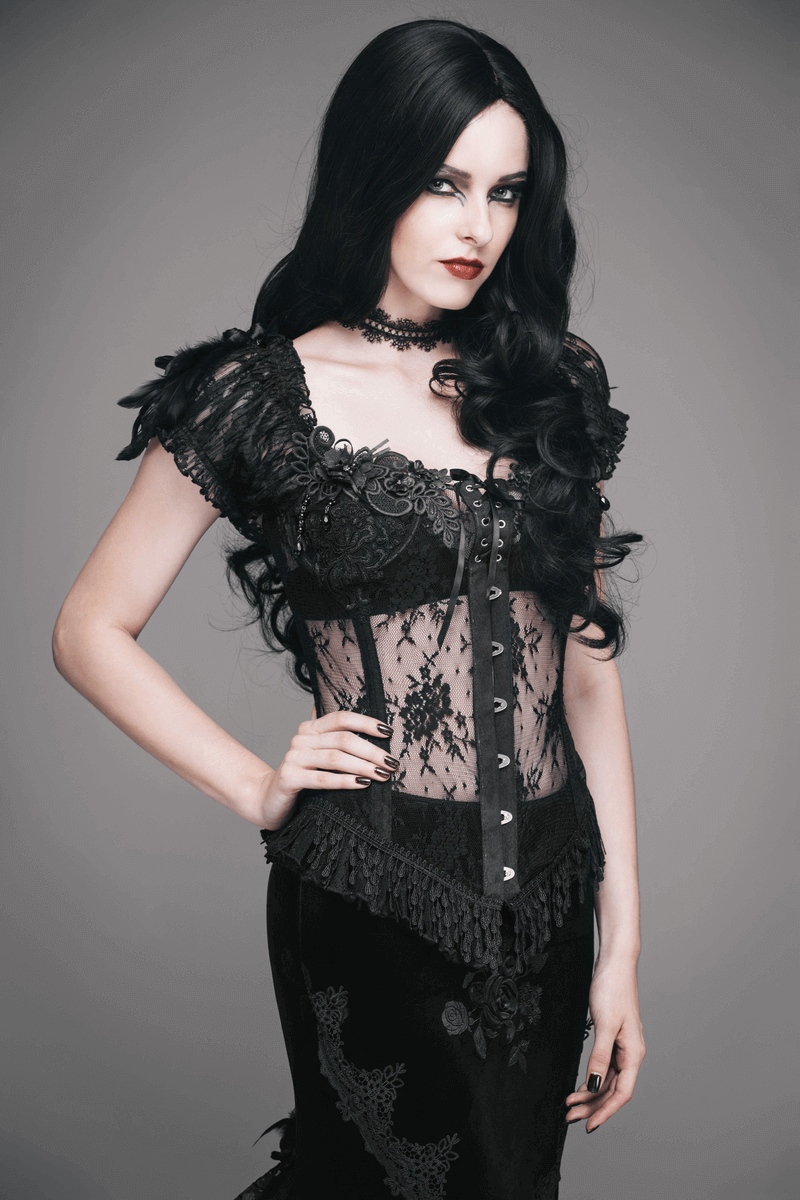 Lace-Up Gothic Women's Corset: Feathers and Flowers
