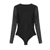 Ladies Punk V-Neck Bodysuit: Leather Front, Mesh Sleeves