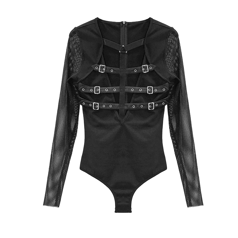 Ladies Punk V-Neck Bodysuit: Leather Front, Mesh Sleeves