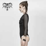 Ladies Punk V-Neck Bodysuit: Leather Front, Mesh Sleeves