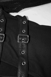 Ladies Punk V-Neck Bodysuit: Leather Front, Mesh Sleeves