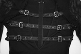 Ladies Punk V-Neck Bodysuit: Leather Front, Mesh Sleeves