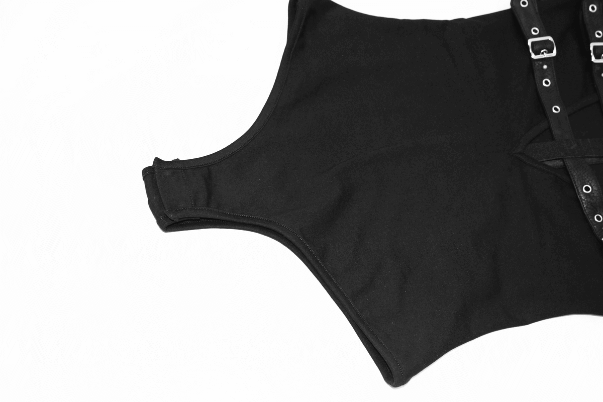 Ladies Punk V-Neck Bodysuit: Leather Front, Mesh Sleeves