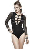 Damen-Body mit PU-Leder-Bondage-Vorderseite und Netzärmeln / Sexy Punk-Jumpsuit mit tiefem Ausschnitt und V-Ausschnitt