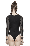 Ladies Punk V-Neck Bodysuit: Leather Front, Mesh Sleeves