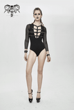 Ladies Punk V-Neck Bodysuit: Leather Front, Mesh Sleeves