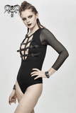 Ladies Punk V-Neck Bodysuit: Leather Front, Mesh Sleeves