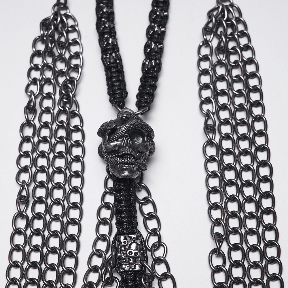 Layered Metal Skull Necklace with Gothic Chain Harness