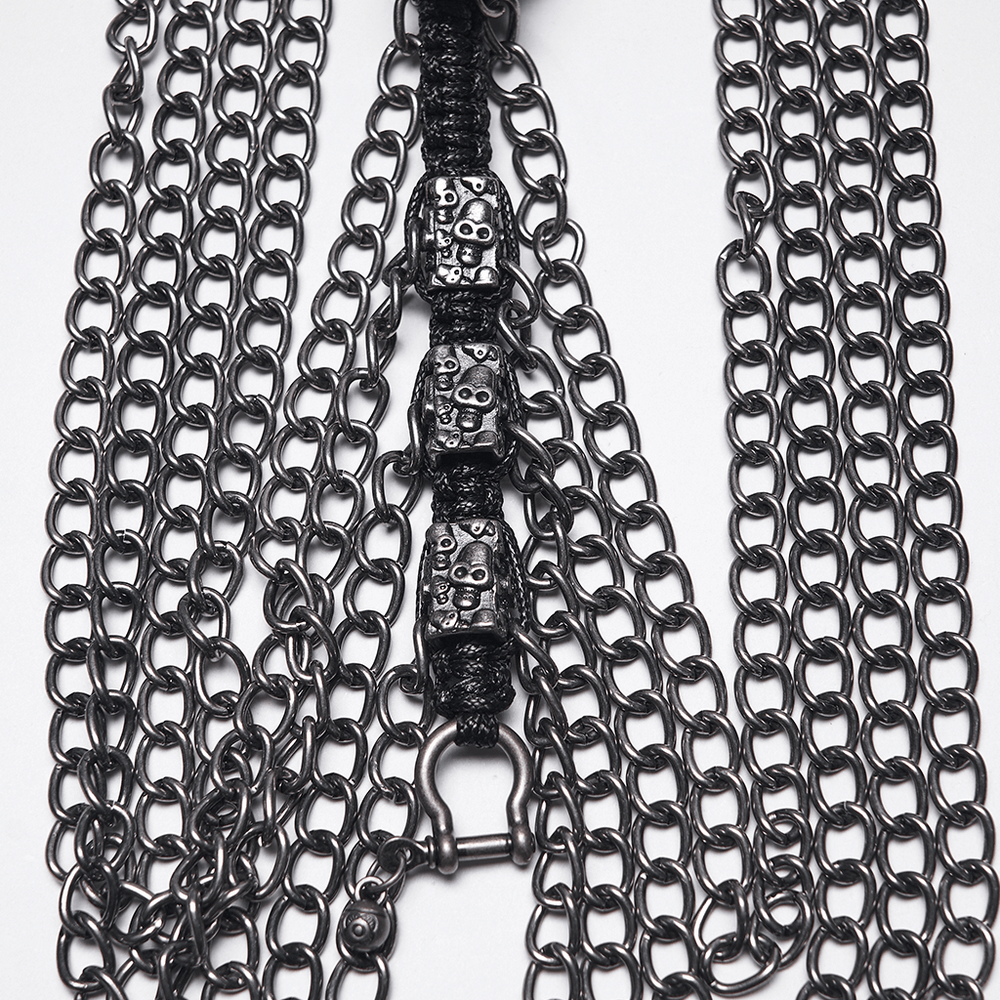 Layered Metal Skull Necklace with Gothic Chain Harness