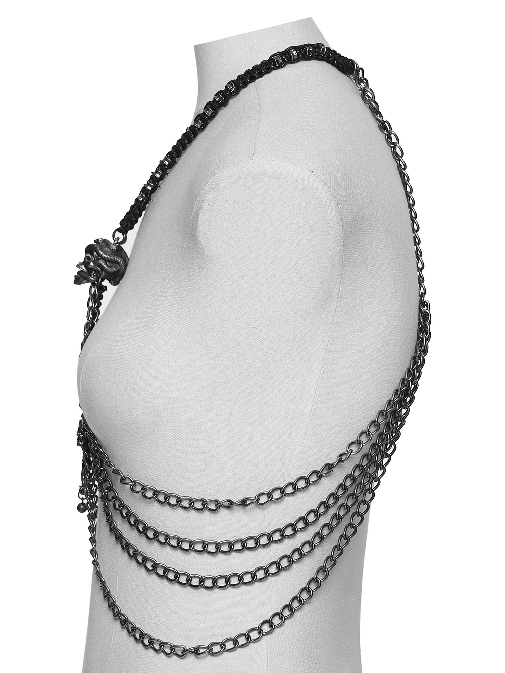 Layered Metal Skull Necklace with Gothic Chain Harness