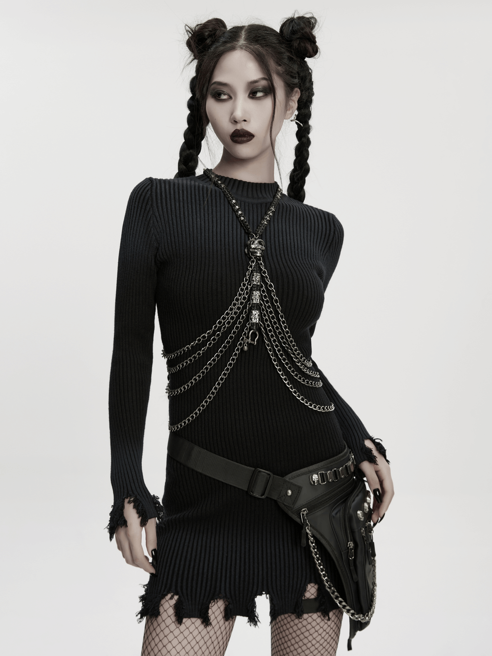 Layered Metal Skull Necklace with Gothic Chain Harness