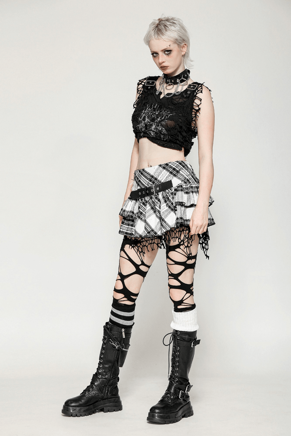 Layered Plaid Mini Skirt with Mesh Trim and Belt