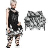Layered Plaid Mini Skirt with Mesh Trim and Belt