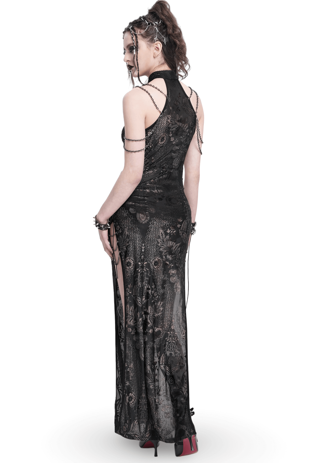 Long Gothic Lace Dress with Elegant Chain Detail