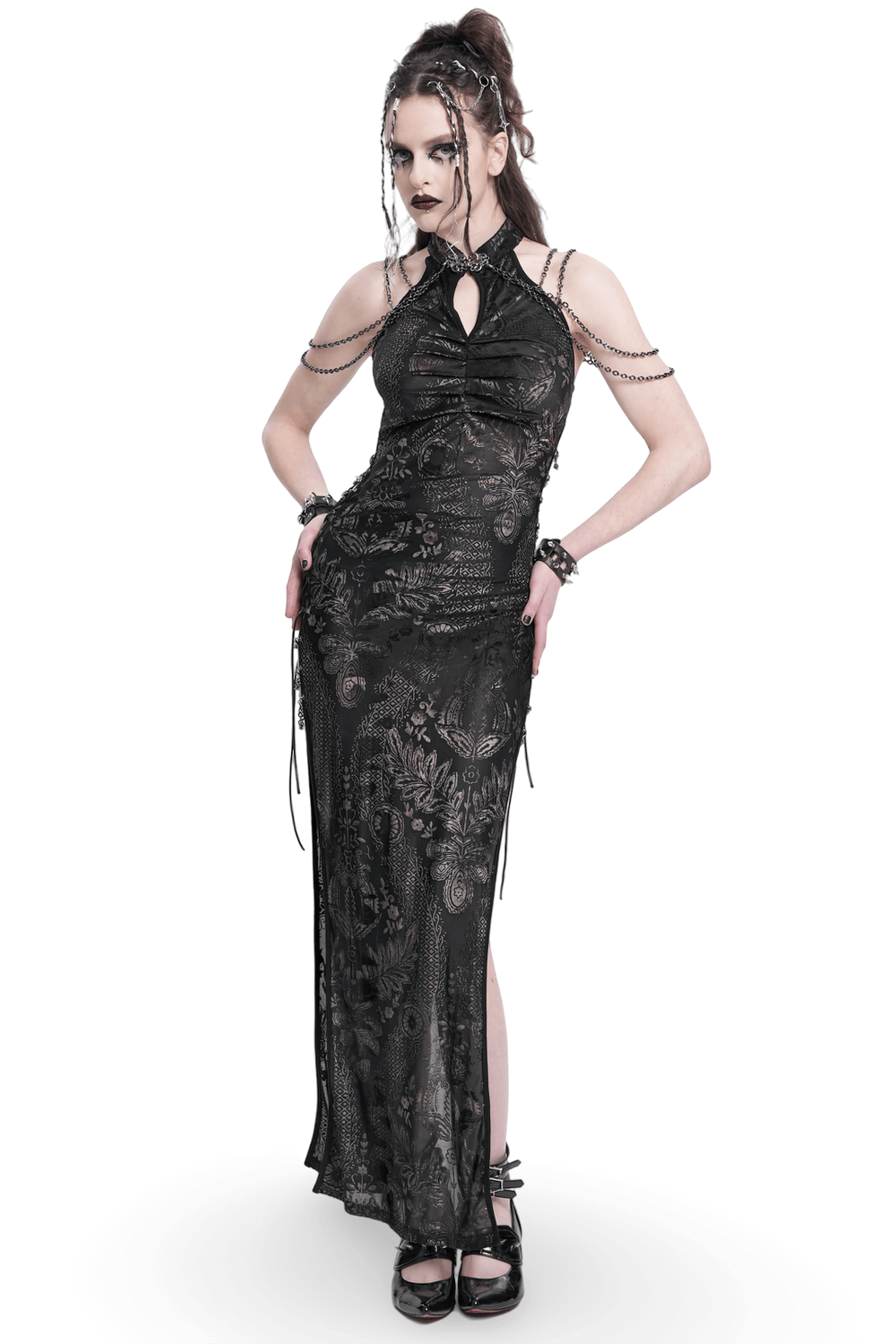 Long Gothic Lace Dress with Elegant Chain Detail