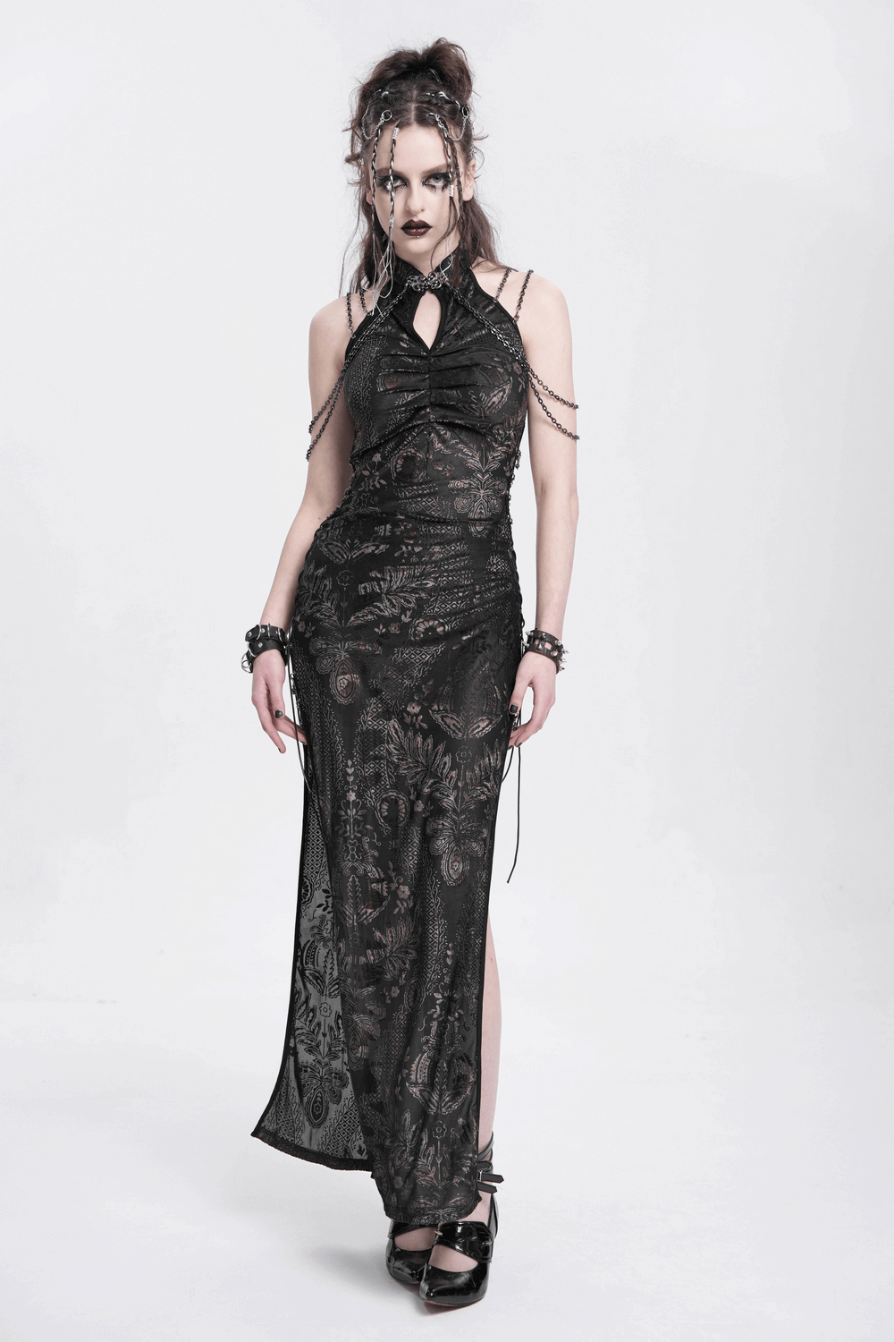 Long Gothic Lace Dress with Elegant Chain Detail