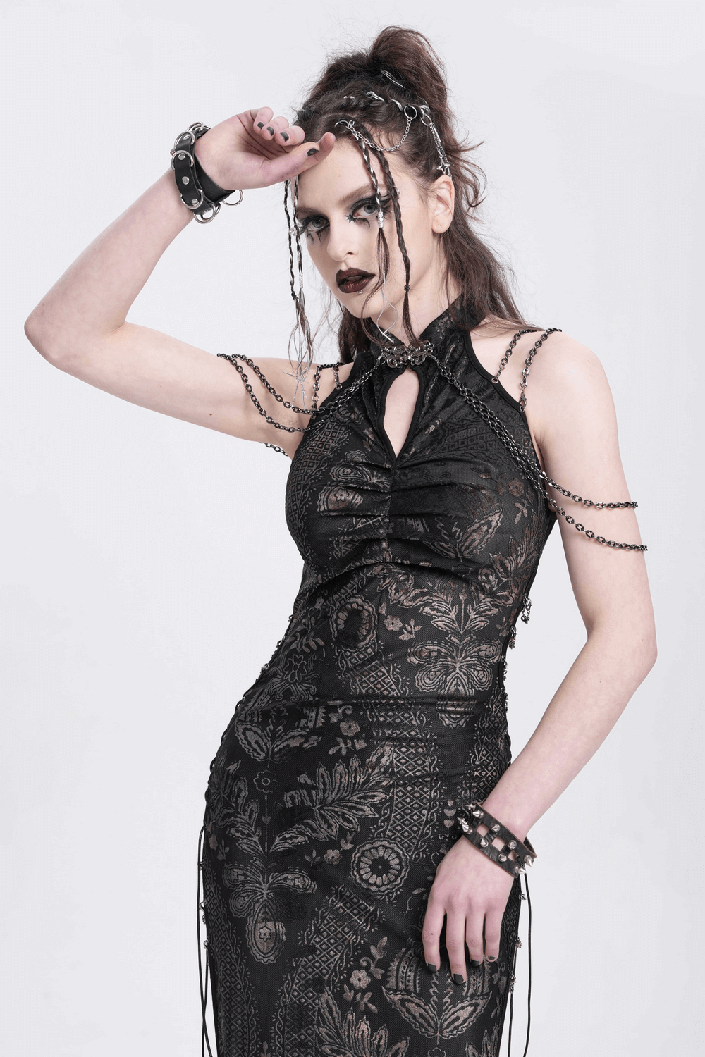 Long Gothic Lace Dress with Elegant Chain Detail