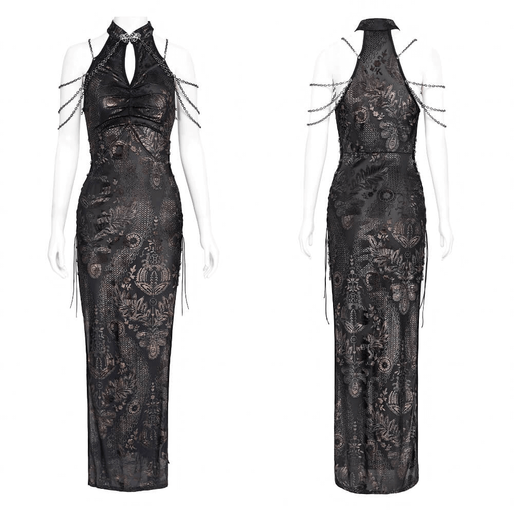 Long Gothic Lace Dress with Elegant Chain Detail