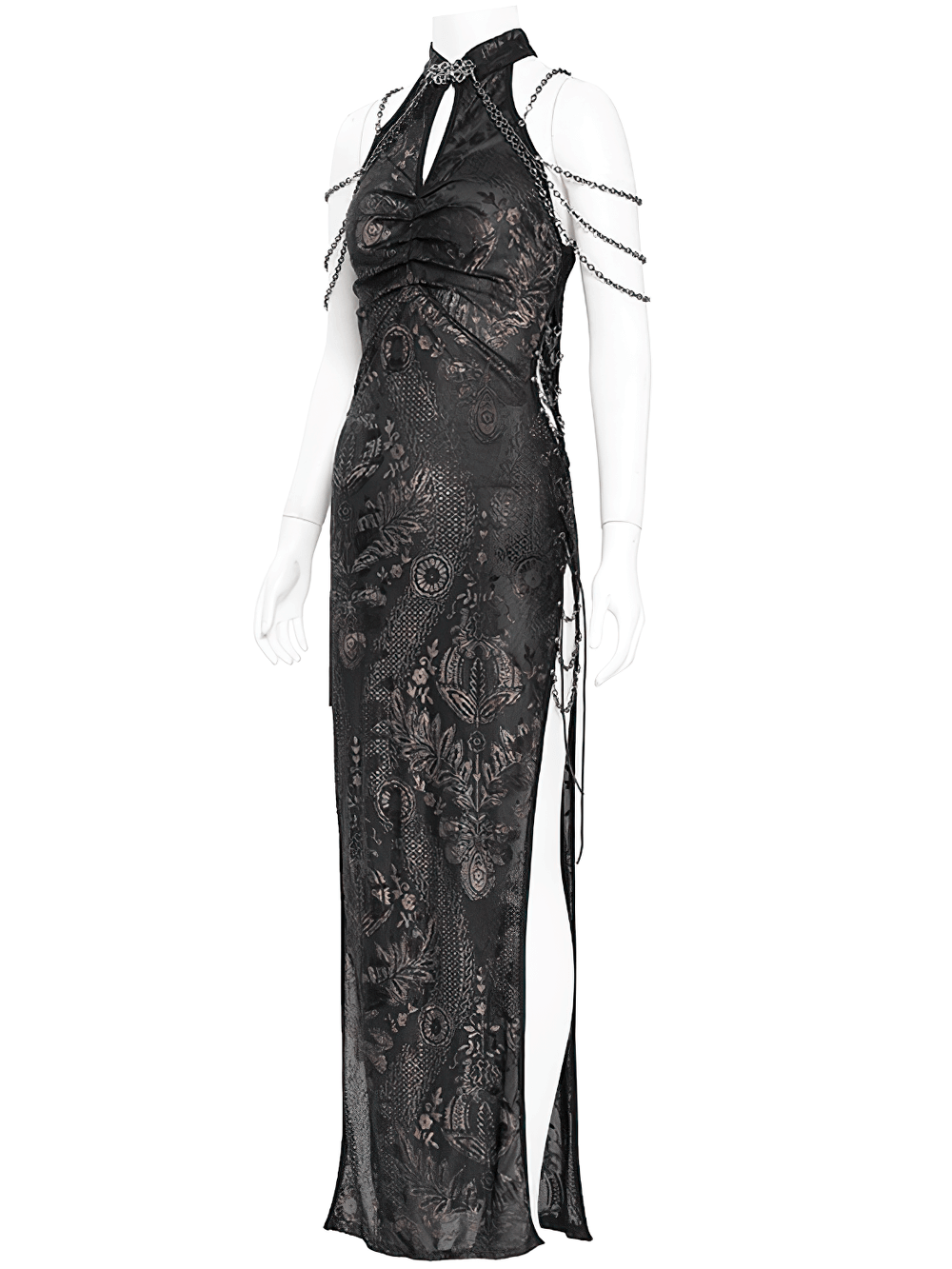 Long Gothic Lace Dress with Elegant Chain Detail