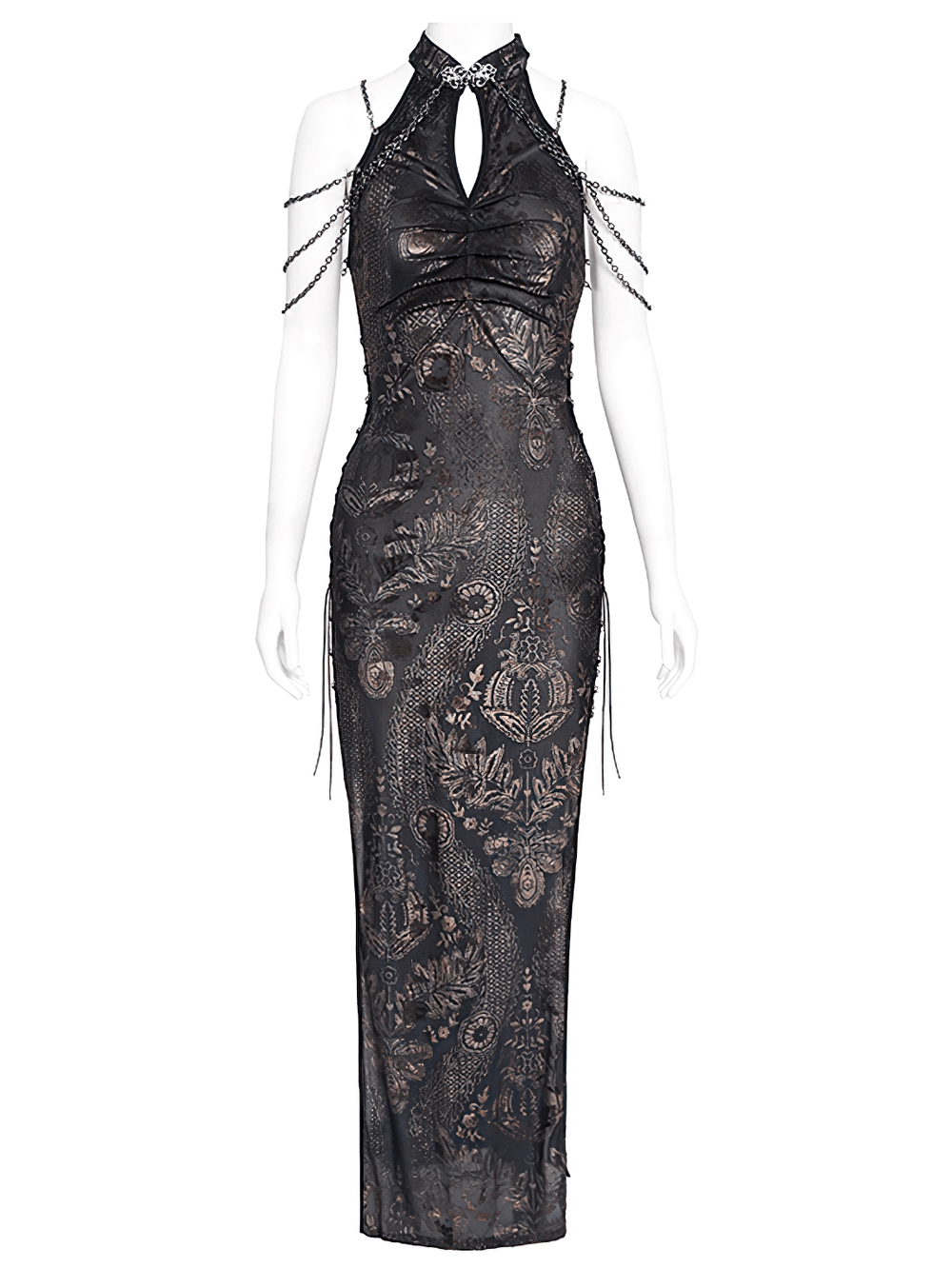 Long Gothic Lace Dress with Elegant Chain Detail