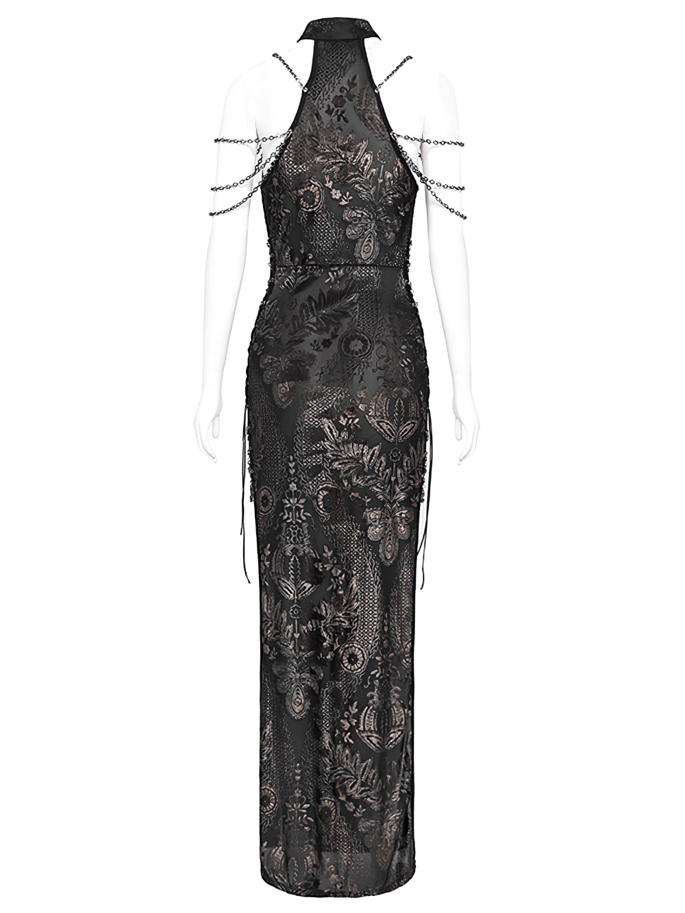 Long Gothic Lace Dress with Elegant Chain Detail
