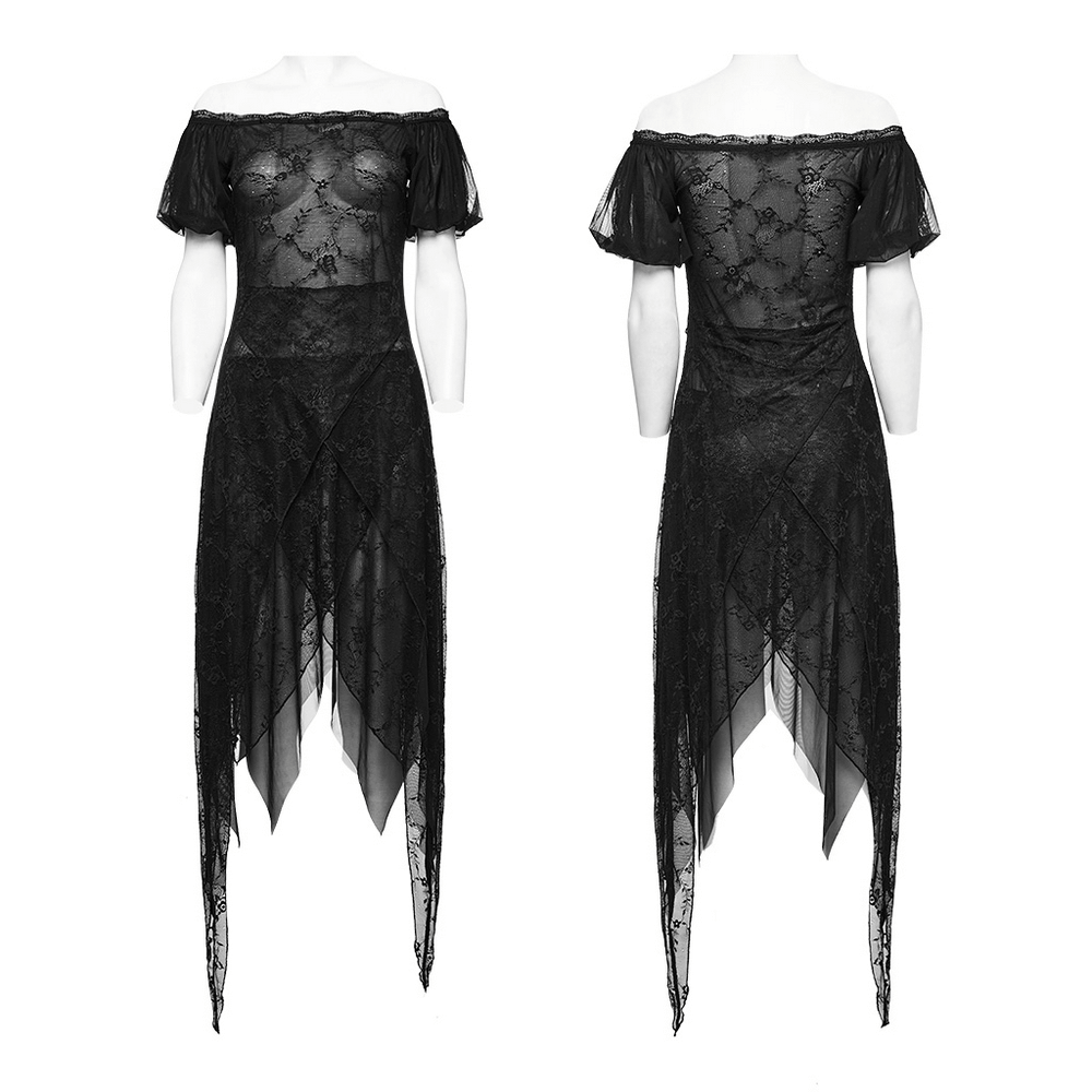 Long Lace Dress with Off-Shoulder and Spiked Accents