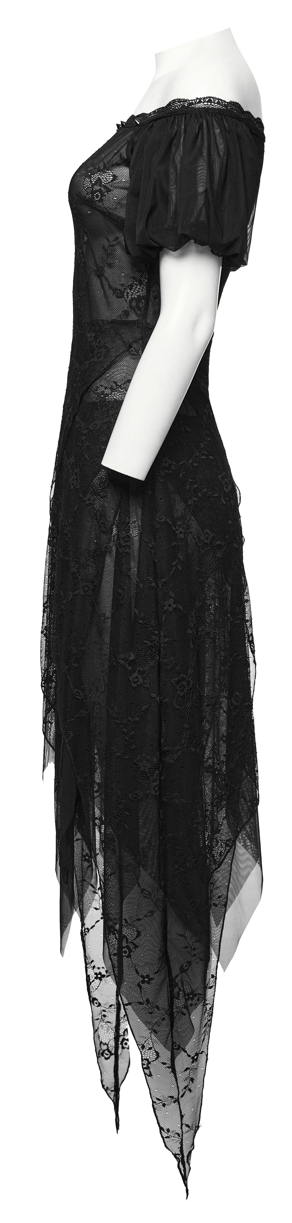 Long Lace Dress with Off-Shoulder and Spiked Accents