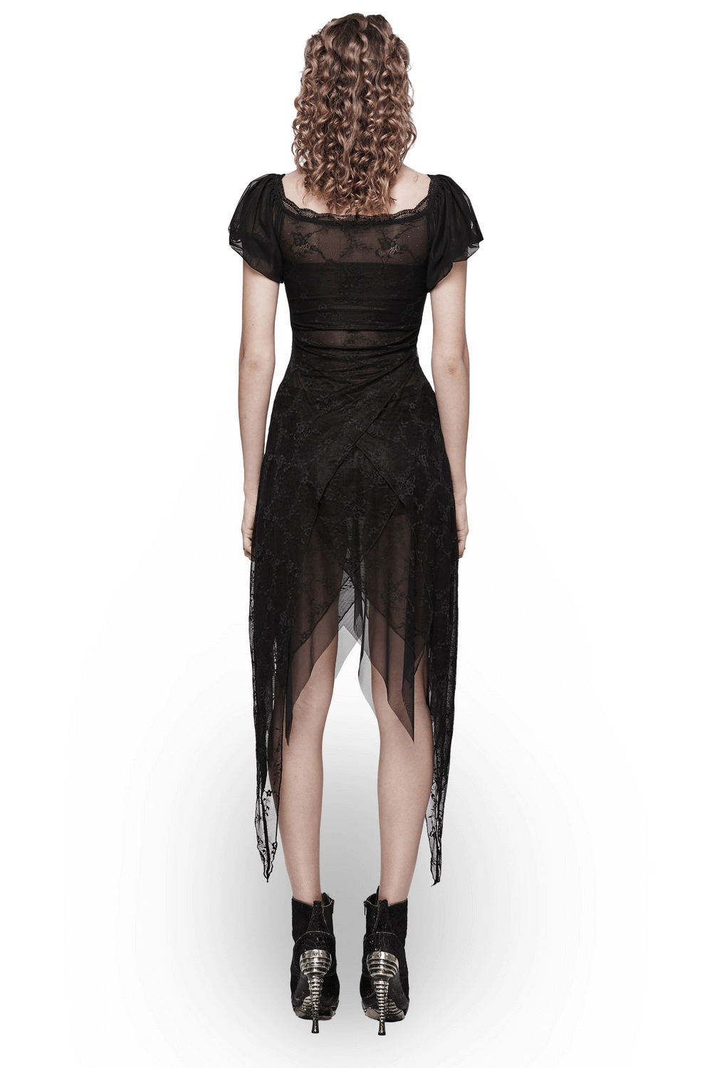 Long Lace Dress with Off-Shoulder and Spiked Accents