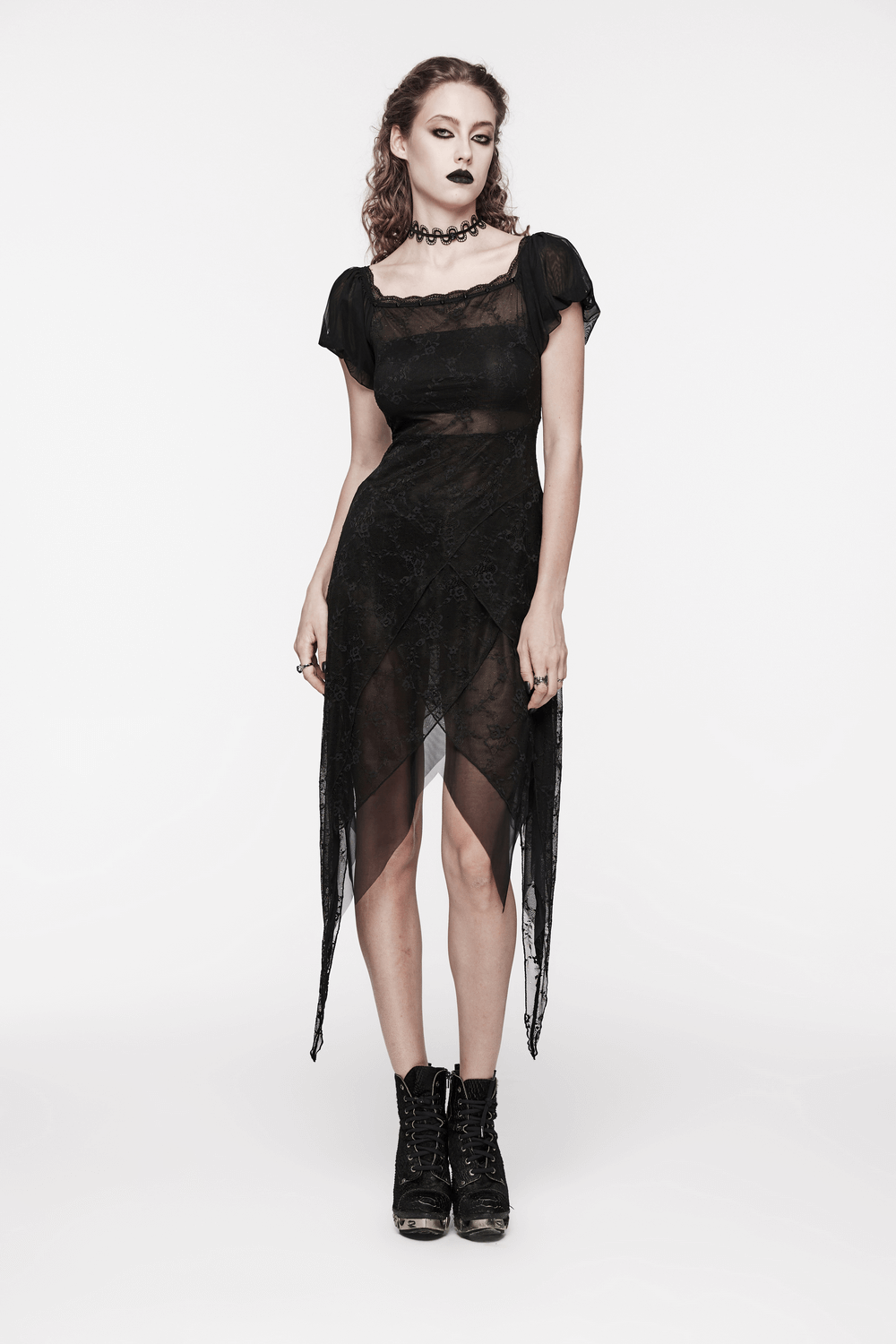 Long Lace Dress with Off-Shoulder and Spiked Accents