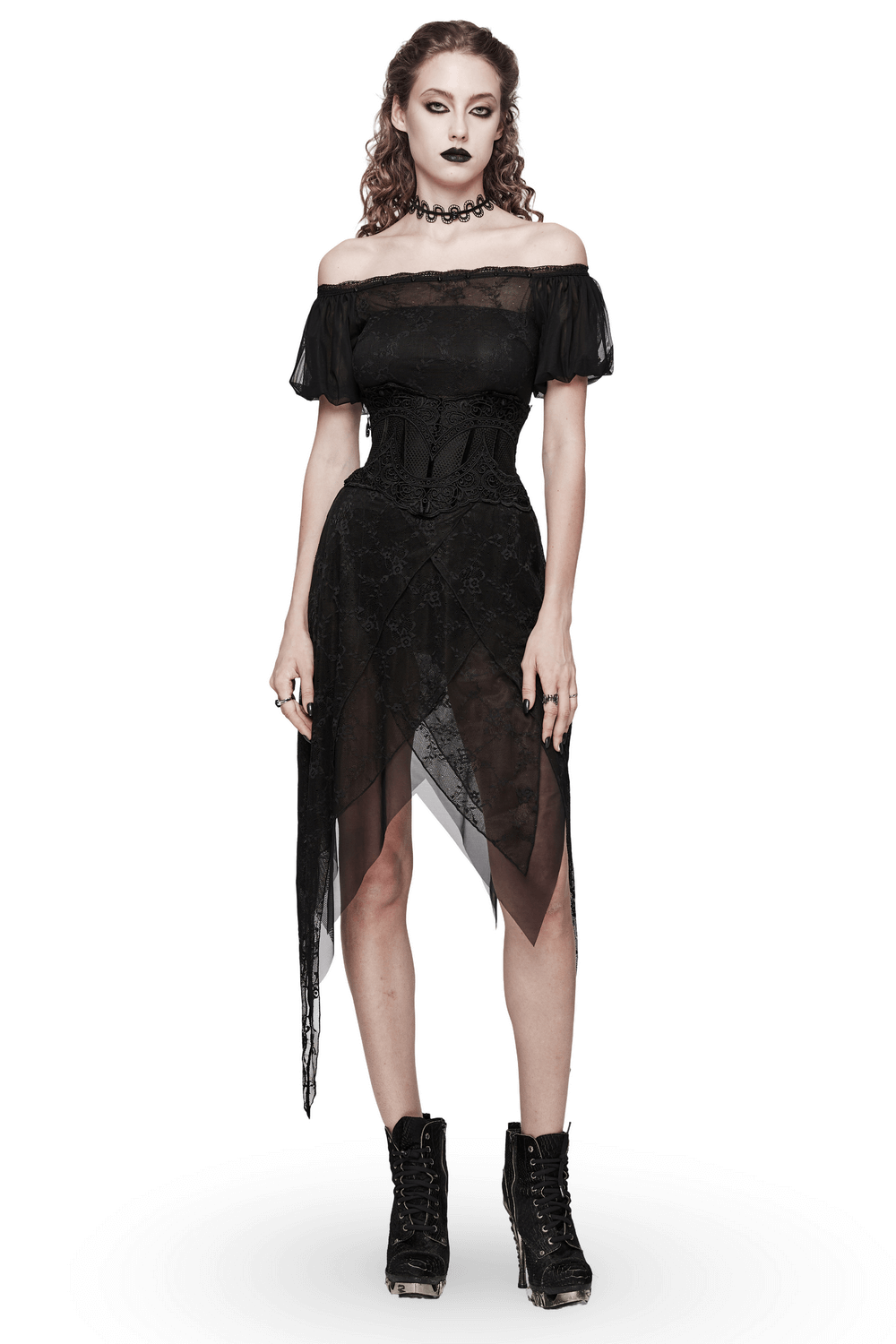 Long Lace Dress with Off-Shoulder and Spiked Accents