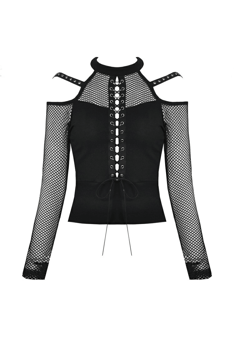 Long-Sleeved Mesh Top with Sheer Panels and Lace-Up Front