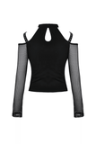 Long-Sleeved Mesh Top with Sheer Panels and Lace-Up Front