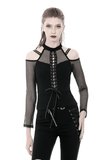 Long-Sleeved Mesh Top with Sheer Panels and Lace-Up Front