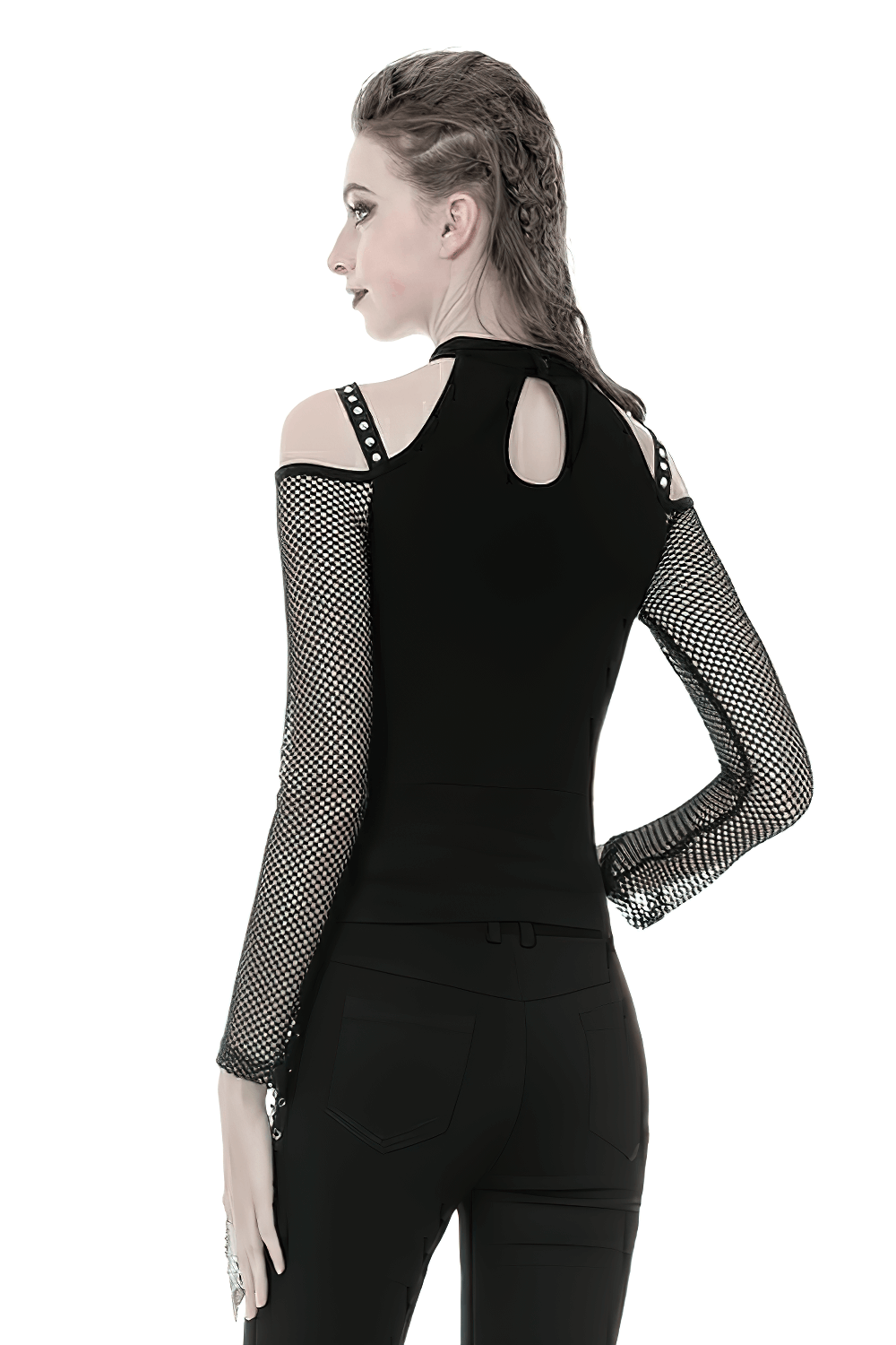 Long-Sleeved Mesh Top with Sheer Panels and Lace-Up Front