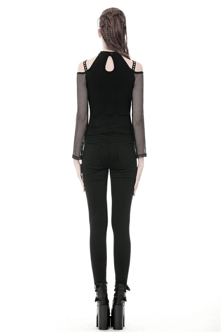 Long-Sleeved Mesh Top with Sheer Panels and Lace-Up Front