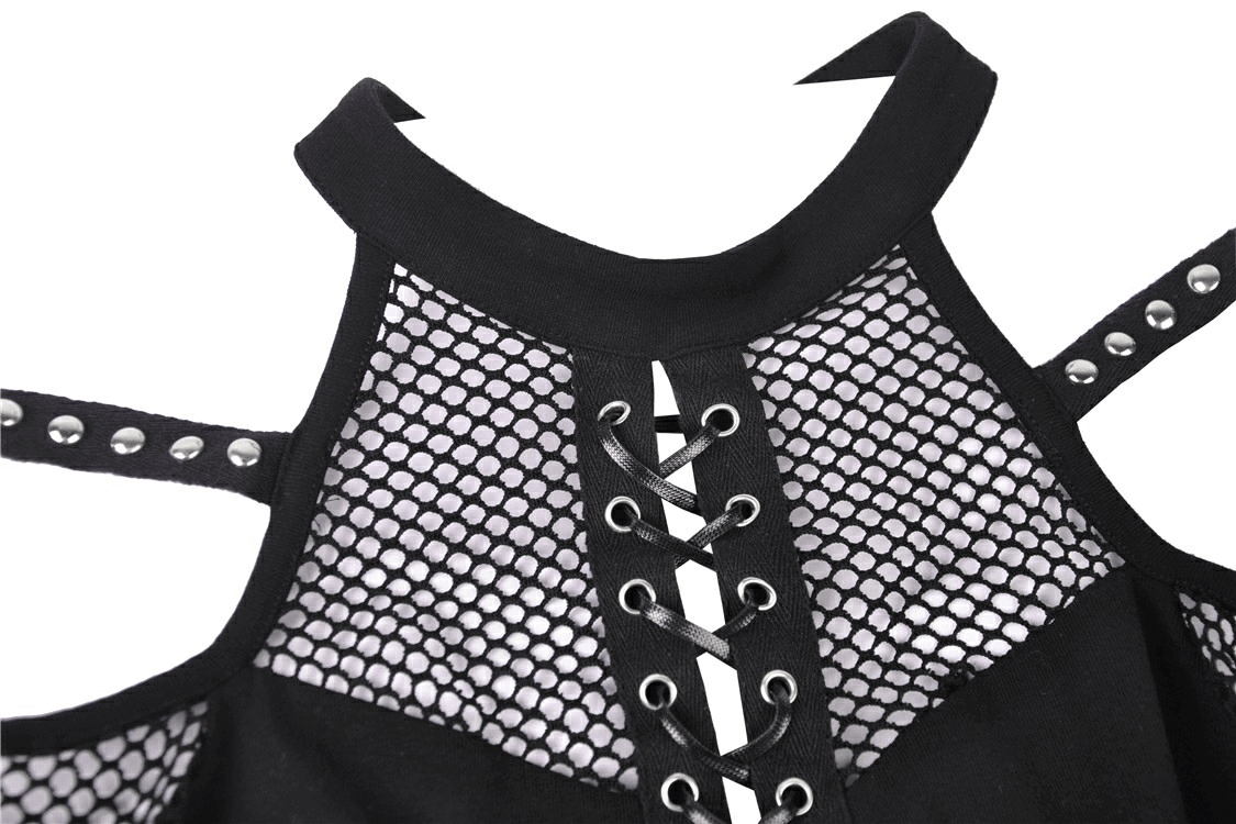 Long-Sleeved Mesh Top with Sheer Panels and Lace-Up Front
