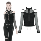 Long-Sleeved Mesh Top with Sheer Panels and Lace-Up Front