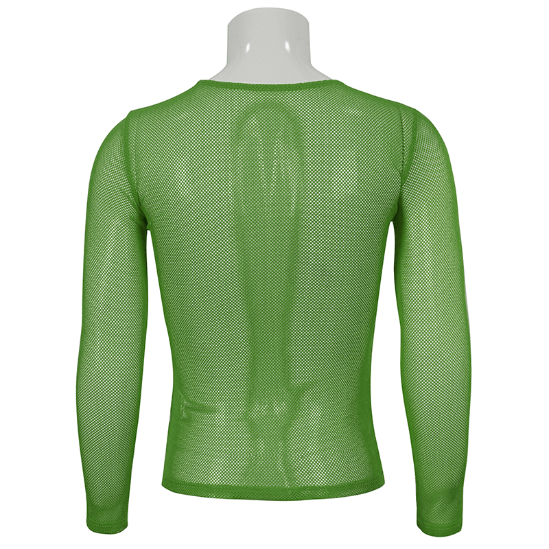 Male Soft Stretchy Transparent Tops: Green Long Sleeve Top
